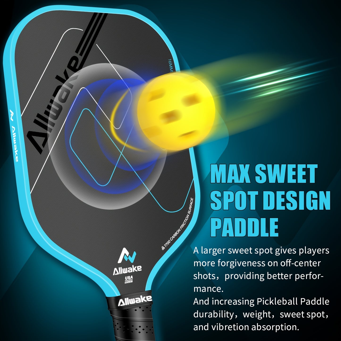 1 Carbon Fiber Pickleball Paddle - T700 Grade, Textured Surface for Maximum Spin, 16mm Honeycomb Polypropylene Core, Blue - Ideal for Enhanced Control and Power, Pickleball Equipment|Modern Pickleball Paddle|Honeycomb Core, P