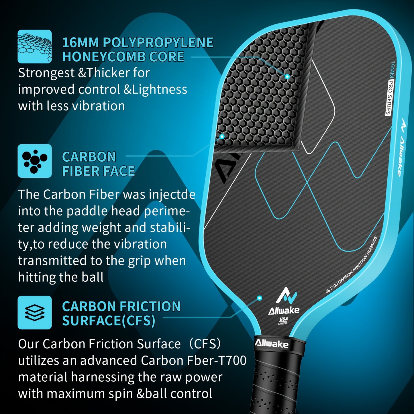 1 Carbon Fiber Pickleball Paddle - T700 Grade, Textured Surface for Maximum Spin, 16mm Honeycomb Polypropylene Core, Blue - Ideal for Enhanced Control and Power, Pickleball Equipment|Modern Pickleball Paddle|Honeycomb Core, P