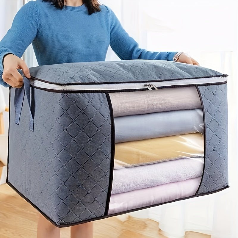 1pc Large Plastic Storage Bag Organizer with Reinforced Handle, Clear Window, Sturdy Zippers - Multipurpose Rectangle Closet Container for Bedding, Comforters, Clothing - Contemporary Style, Non-Waterproof, Ideal for Hallowee