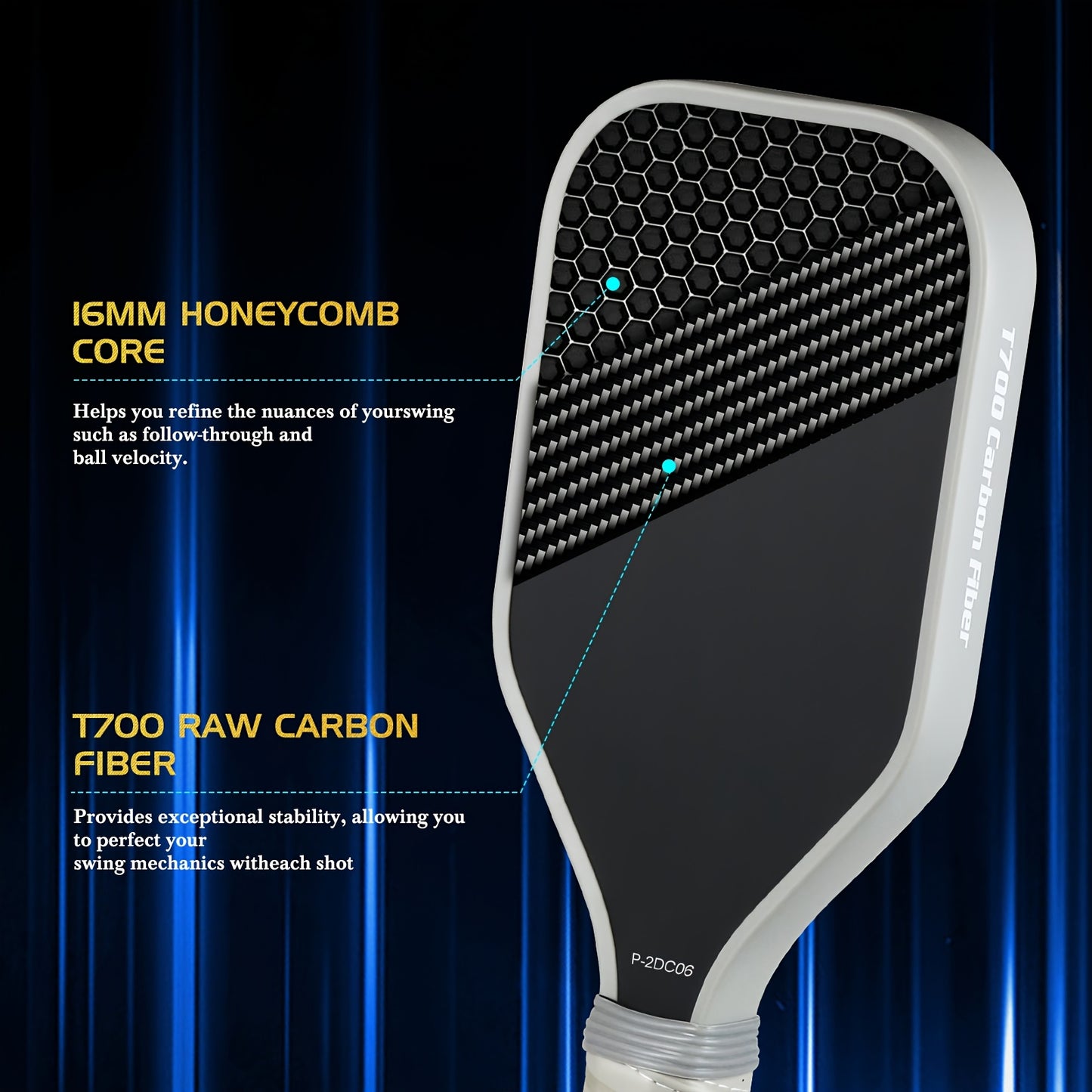 Amoswiz T700 Carbon Fiber Pickleball Training Paddle - 16mm Core, Sweet Spot Trainer for Enhanced Practice, Gray/Black, Lightweight & Durable Design, Adult Pickleball Equipment | Modern Pickleball Paddle | Matte Finish Paddle
