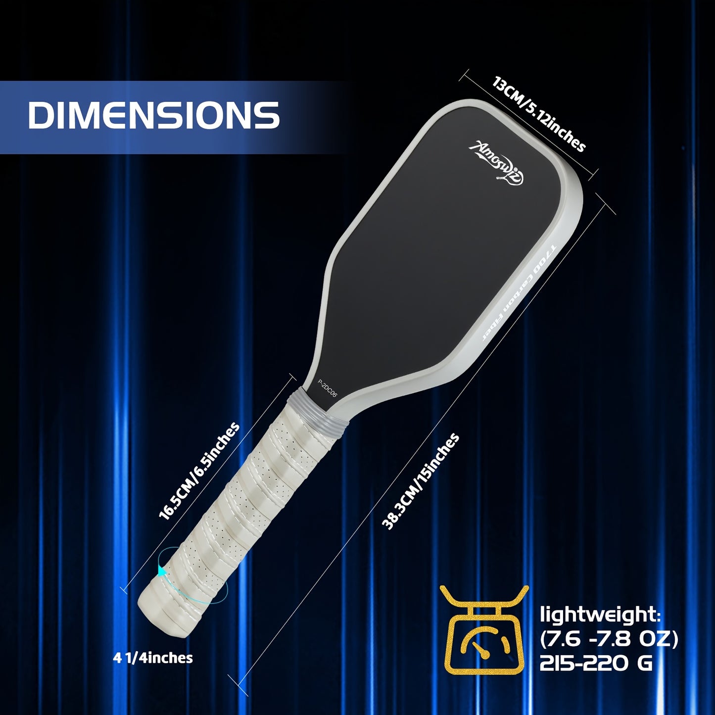 Amoswiz T700 Carbon Fiber Pickleball Training Paddle - 16mm Core, Sweet Spot Trainer for Enhanced Practice, Gray/Black, Lightweight & Durable Design, Adult Pickleball Equipment | Modern Pickleball Paddle | Matte Finish Paddle